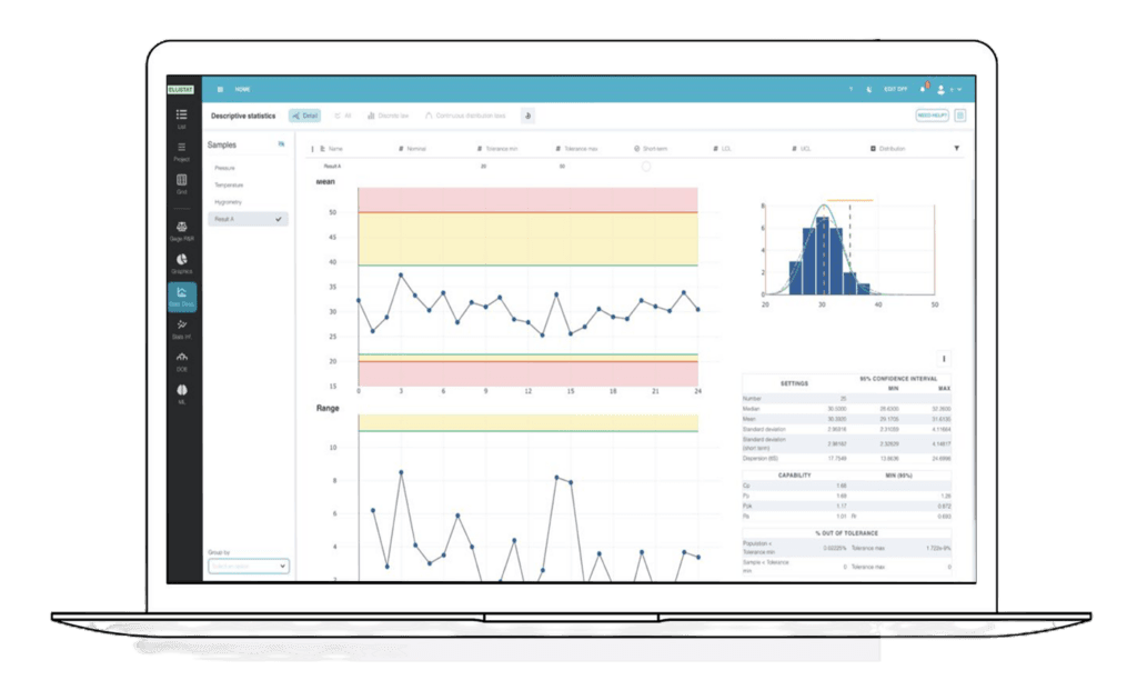 Modulo di statistica descrittiva, capacità e diagramma di controllo che mostrano la nuova applicazione Ellistat per l'analisi dei dati online e l'uso di MSP.