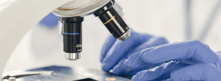 Persona davanti a un microscopio in un laboratorio che esegue controlli con il software IQC Ellistat