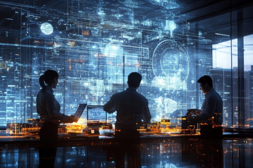A group of engineers in a futuristic environment