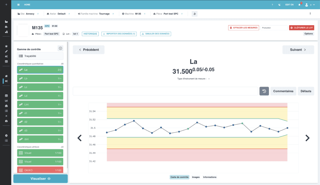 Screenshot showing the simplified view for operators in Ellistat's SPC module for taking measurements